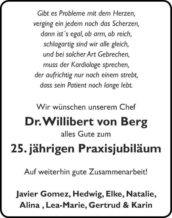 Glückwunschanzeige von Willibert von Berg von Zeitung am Sonntag