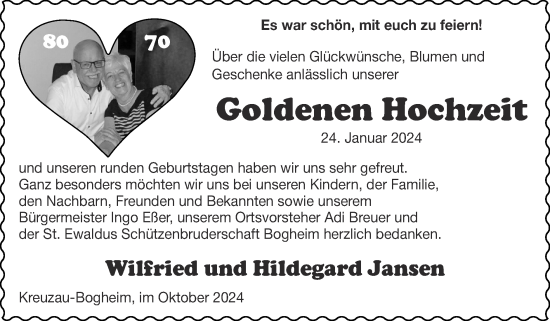 Glückwunschanzeige von Wilfried und Hildegard Jansen von Zeitung am Sonntag