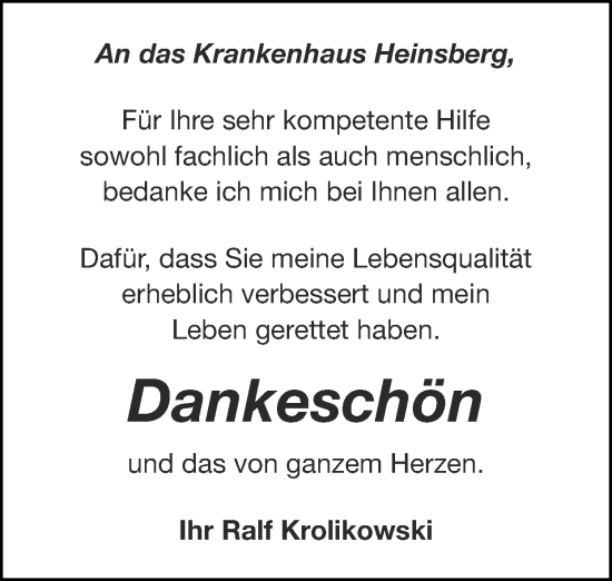 Glückwunschanzeige von An das Krankenhaus Heinsberg,  von Zeitung am Sonntag