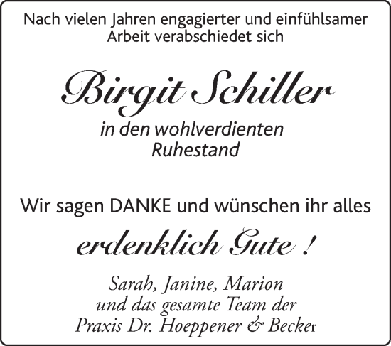 Glückwunschanzeige von Birgit Schiller von Zeitung am Sonntag