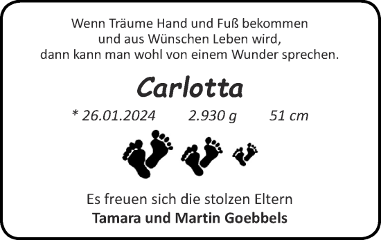 Glückwunschanzeige von Carlotta  von Zeitung am Sonntag