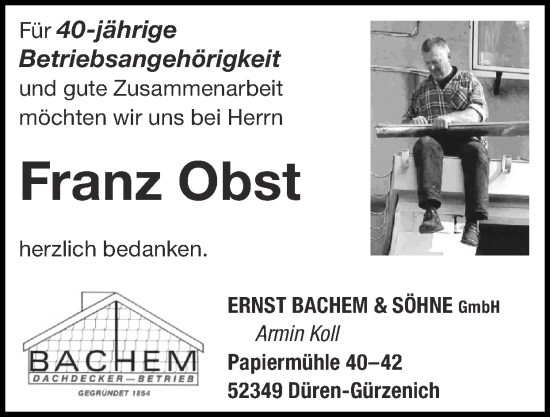 Glückwunschanzeige von Franz Obst von Zeitung am Sonntag