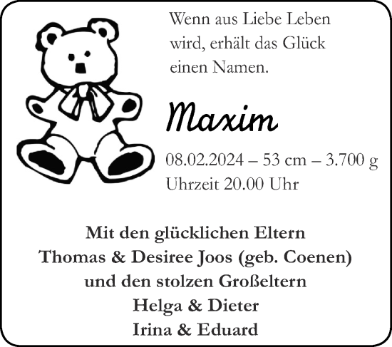 Glückwunschanzeige von Maxim Joos von Zeitung am Sonntag
