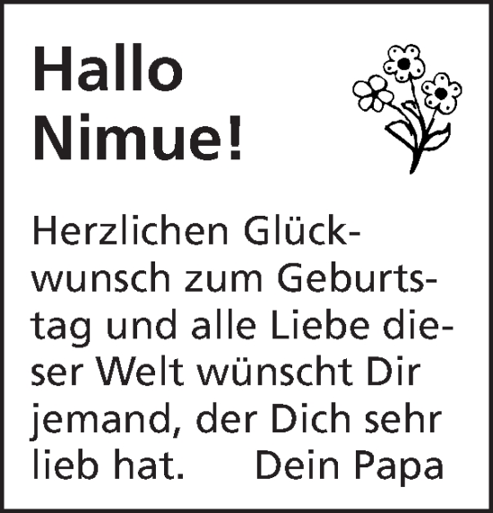 Glückwunschanzeige von Nimue  von Zeitung am Sonntag