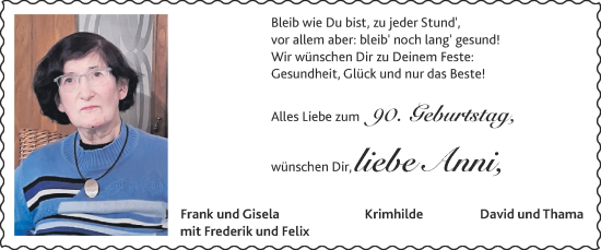 Glückwunschanzeige von Anni  von Zeitung am Sonntag