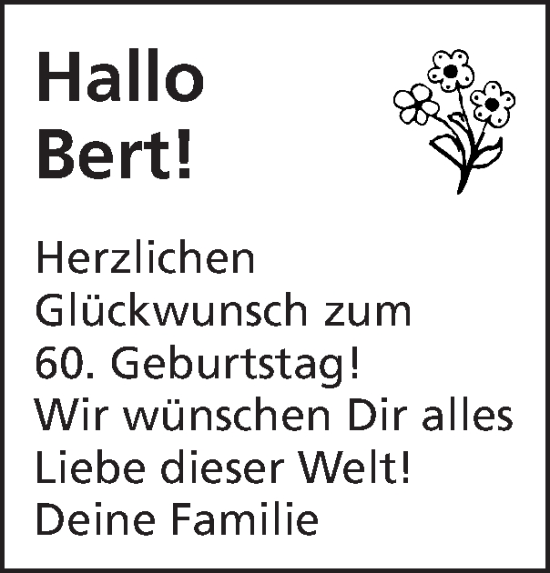 Glückwunschanzeige von Bert  von Zeitung am Sonntag