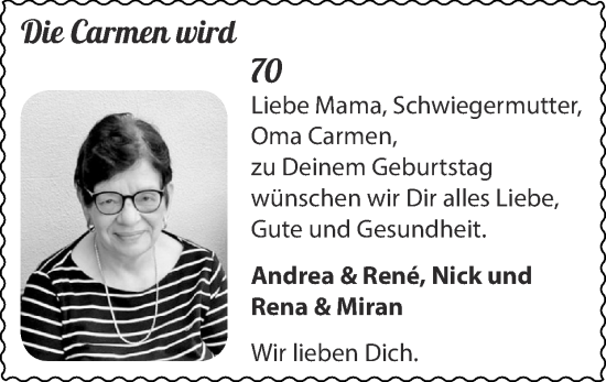 Glückwunschanzeige von Carmen  von Zeitung am Sonntag