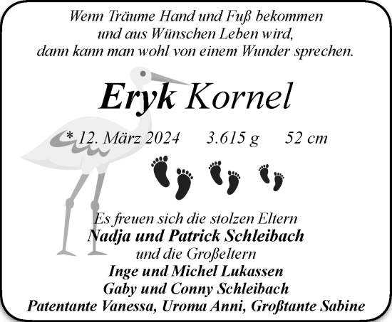 Glückwunschanzeige von Eryk Kornel Schleibach von Zeitung am Sonntag