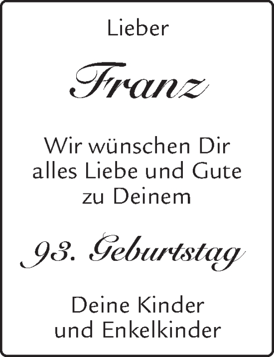 Glückwunschanzeige von Franz  von Zeitung am Sonntag