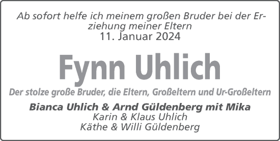 Glückwunschanzeige von Fynn Uhlich von Zeitung am Sonntag
