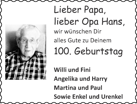 Glückwunschanzeige von Hans  von Zeitung am Sonntag