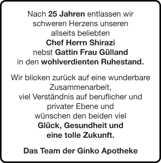 Glückwunschanzeige von Herr Shirazi und Frau Gülland  von Zeitung am Sonntag