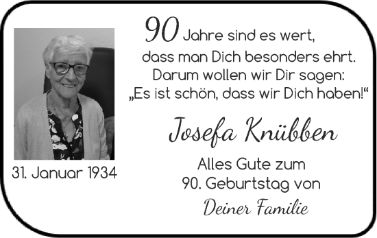 Glückwunschanzeige von Josefa Knübben von Zeitung am Sonntag