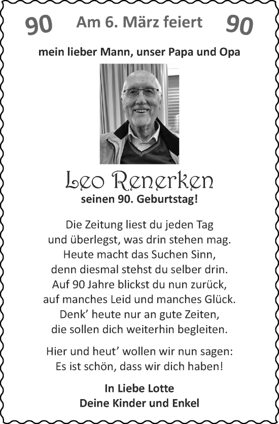 Glückwunschanzeige von Leo Renerken von Zeitung am Sonntag