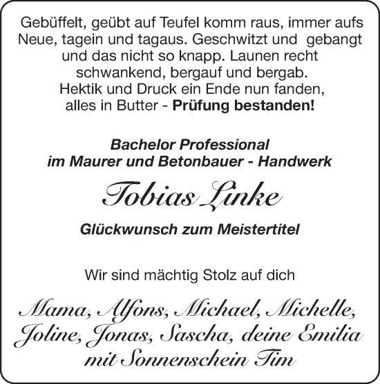 Glückwunschanzeige von Tobias Linke von Zeitung am Sonntag