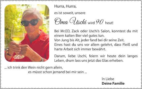 Glückwunschanzeige von Uschi  von Zeitung am Sonntag