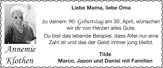 Glückwunschanzeige von Annemie Klothen von Zeitung am Sonntag