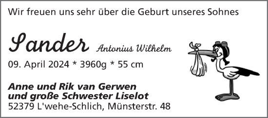 Glückwunschanzeige von Antonius Wilhelm Sander von Zeitung am Sonntag