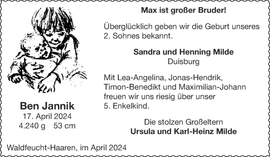 Glückwunschanzeige von Ben Jannik von Zeitung am Sonntag