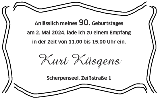 Glückwunschanzeige von Kurt Küsgens von Zeitung am Sonntag