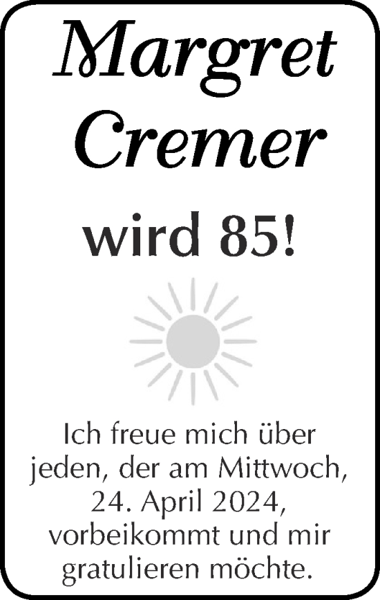 Glückwunschanzeige von Margret Cremer von Aachener Zeitung