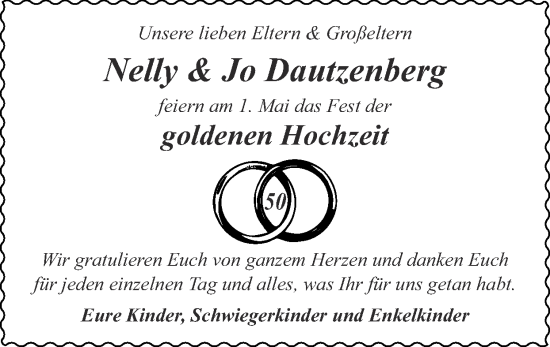 Glückwunschanzeige von Nelly Dautzenberg von Zeitung am Sonntag