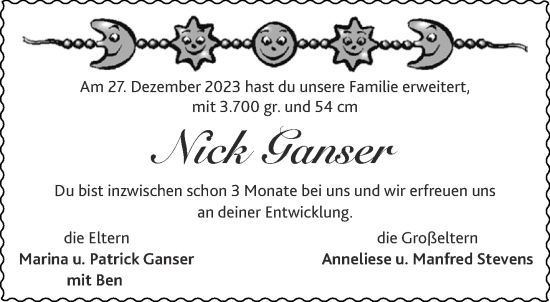 Glückwunschanzeige von Nick Ganser von Aachener Zeitung