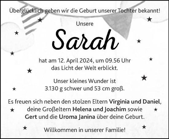 Glückwunschanzeige von Sarah  von Aachener Zeitung