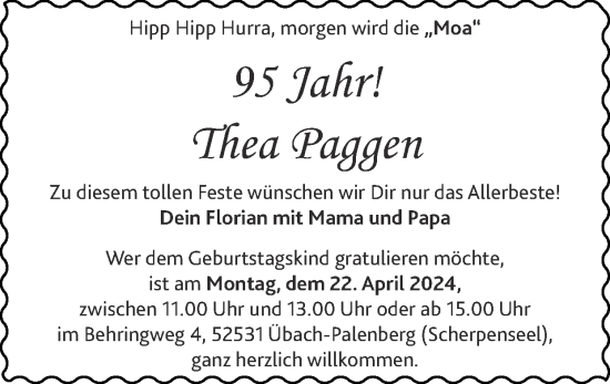 Glückwunschanzeige von Thea Paggen von Zeitung am Sonntag