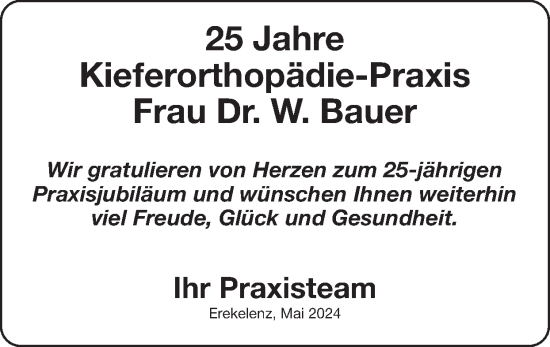 Glückwunschanzeige von W. Bauer von Zeitung am Sonntag