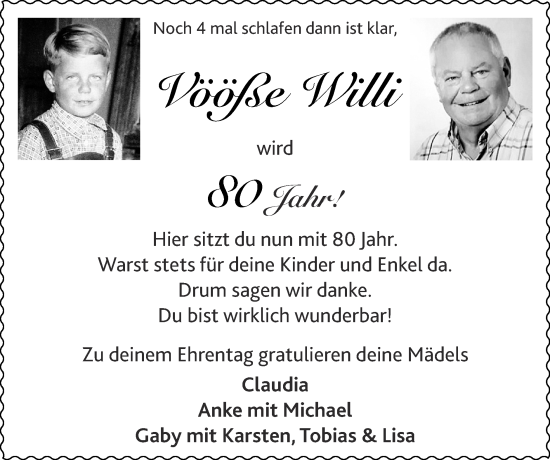 Glückwunschanzeige von Willi Vööße von Zeitung am Sonntag
