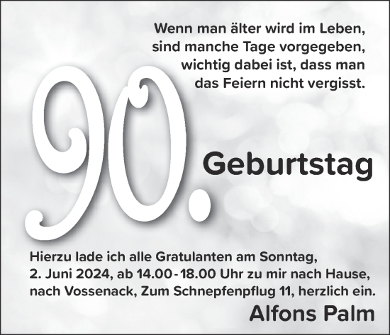 Glückwunschanzeige von Alfons Palm von Zeitung am Sonntag