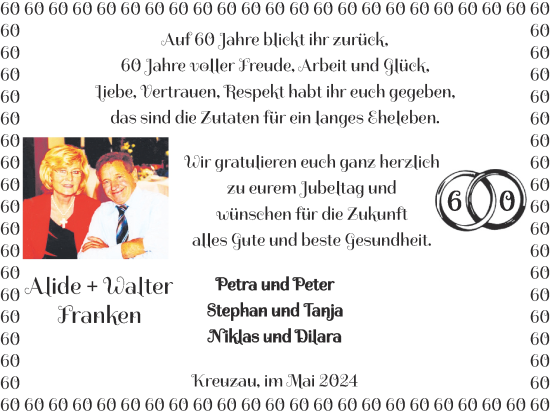 Glückwunschanzeige von Alide und Walter Franken von Zeitung am Sonntag