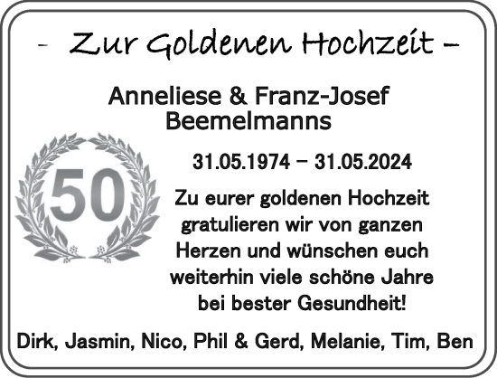 Glückwunschanzeige von Anneliese und Franz-Josef Beemelmanns von Zeitung am Sonntag