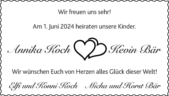 Glückwunschanzeige von Annika und Kevin Koch, Bär von Zeitung am Sonntag