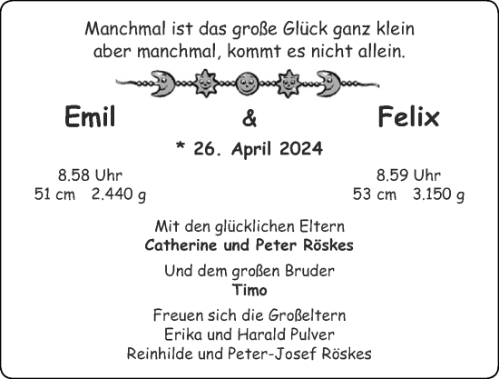 Glückwunschanzeige von Emil und Felix  von Zeitung am Sonntag