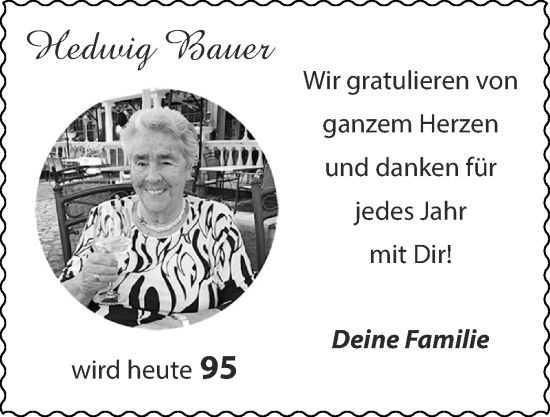 Glückwunschanzeige von Hedwig Bauer von Zeitung am Sonntag