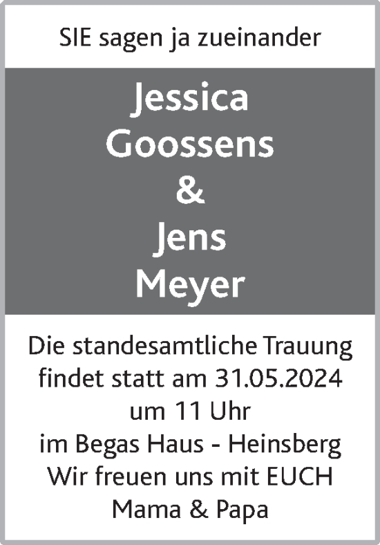 Glückwunschanzeige von Jessica und Jens Goossens, Meyer von Zeitung am Sonntag