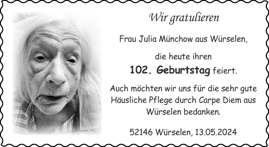 Glückwunschanzeige von Julia Münchow von Aachener Zeitung