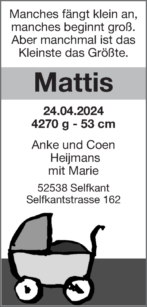 Glückwunschanzeige von Mattis  von Zeitung am Sonntag