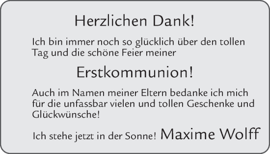 Glückwunschanzeige von Maxime Wolff von Zeitung am Sonntag