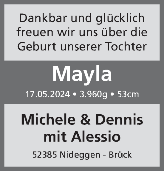 Glückwunschanzeige von Mayla  von Zeitung am Sonntag