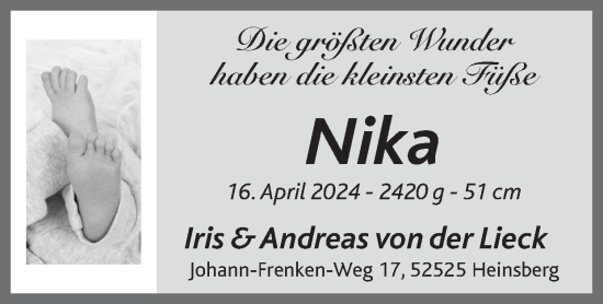 Glückwunschanzeige von Nika von der Lieck von Zeitung am Sonntag