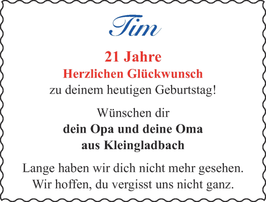 Glückwunschanzeige von Tim  von Zeitung am Sonntag