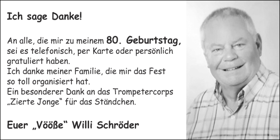 Glückwunschanzeige von Willi  Schröder von Zeitung am Sonntag