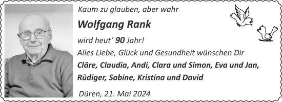 Glückwunschanzeige von Wolfgang Rank von Aachener Zeitung