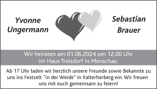 Glückwunschanzeige von Yvonne und Sebastian Ungermann, Brauer von Zeitung am Sonntag