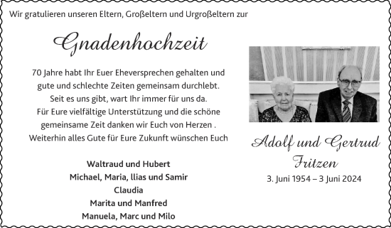 Glückwunschanzeige von Adolf und Gertrud Fritzen von Zeitung am Sonntag