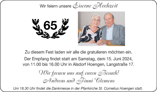 Glückwunschanzeige von Andreas und Finni Clemens von Zeitung am Sonntag
