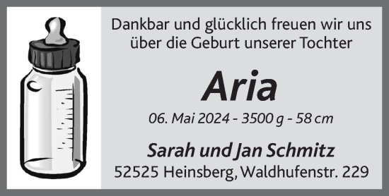 Glückwunschanzeige von Aria  von Zeitung am Sonntag
